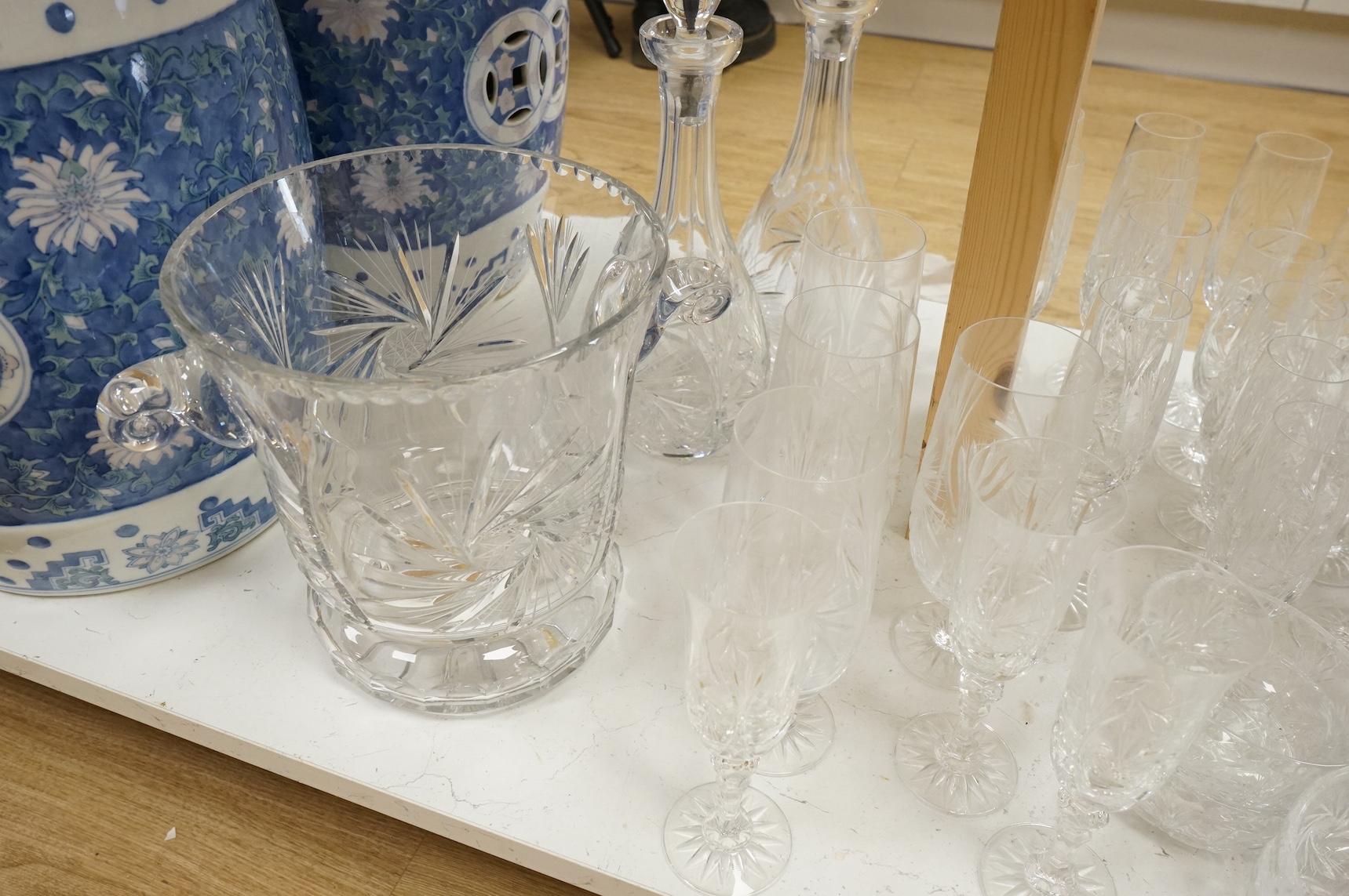 A suite of crystal glassware, to include decanters, jug, bowls, etc., tallest decanter 38cm. Condition - fair to good